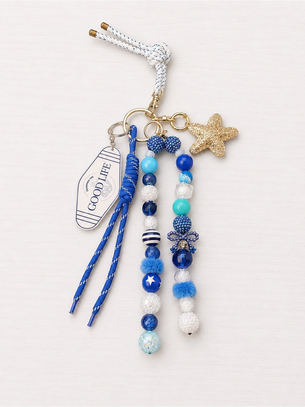 Nautical Beaded Keychain “Good Life” Boat Tag Blue Coastal Charm Glitter Bow